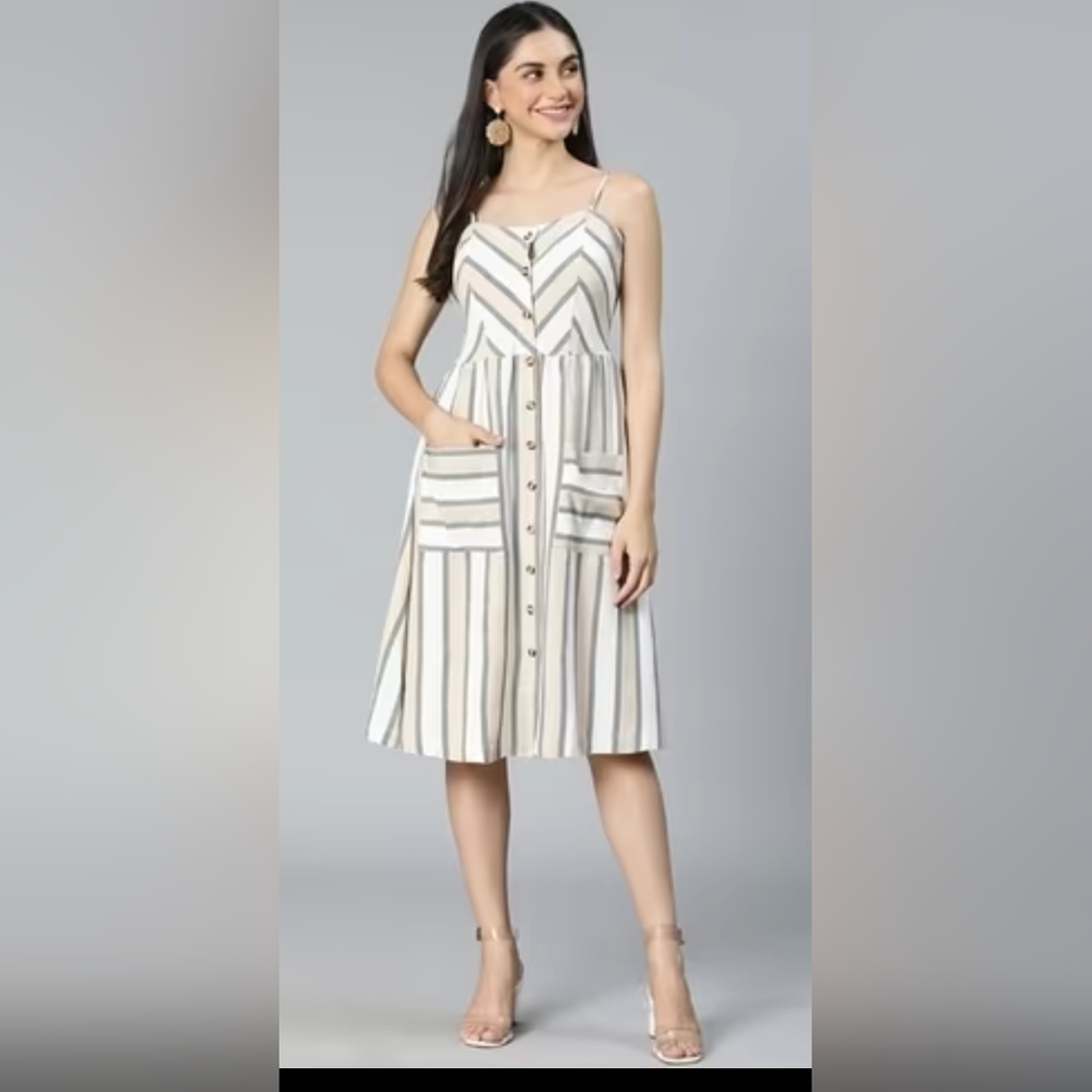 Striped button-down midi dress with pockets